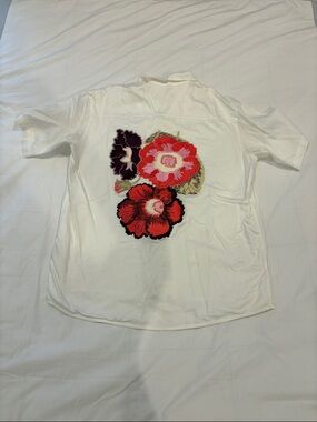 True Tribe Hawaiian White Button-Up Shirt with Red & Pink Floral Appliqué